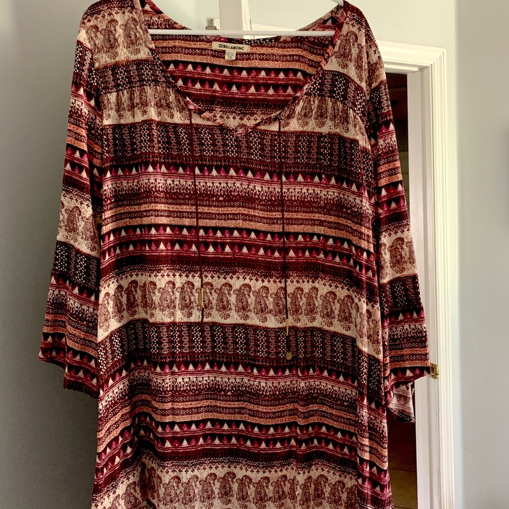 Billabong Maroon Print 3/4 Sleeve Dress